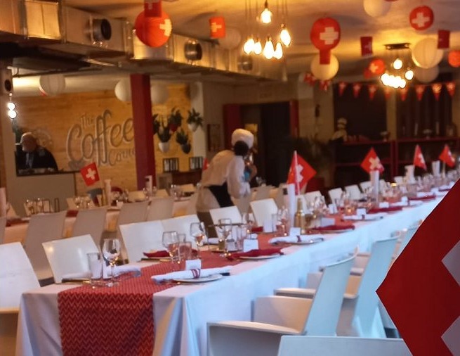 Guests at a Swiss-themed dinner in the SHS restaurant