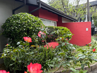 Garden and red walls outside the Swiss Chalet